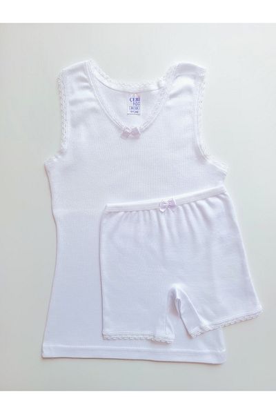 ÇebiKids Girl's 100% Cotton Ribbed White Undershirt-bottom Panties/boxer Set