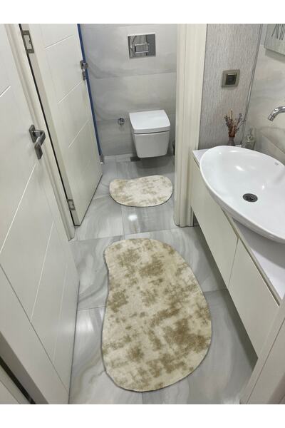 Shal&Shal Laser Cut 2-Piece Bath Mat Spotted Beige Plush Carpet Curve Model
