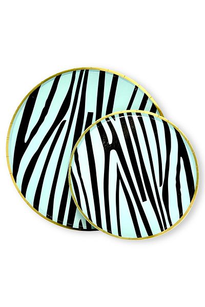 Mare Karnaval Safari Blue Zebra Gold Gilded Cardboard Party Plate 10 Pieces-23cm