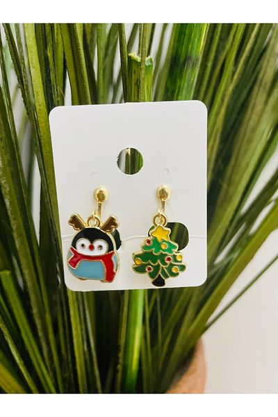 1PARÇAMAVİ Snowman Christmas Clip Women's Earrings - Non-perforated Earrings