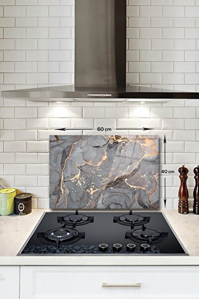 Decorita Cam Ocak Arkası Koruyucu | Gri Gold Mermer | 40cm X 60cm