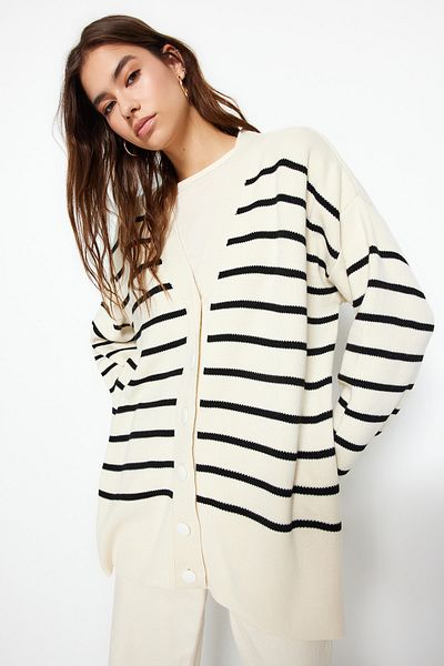 Trendyol Modest Stone Black Striped Knitwear Cardigan - Tctaw24Th00012