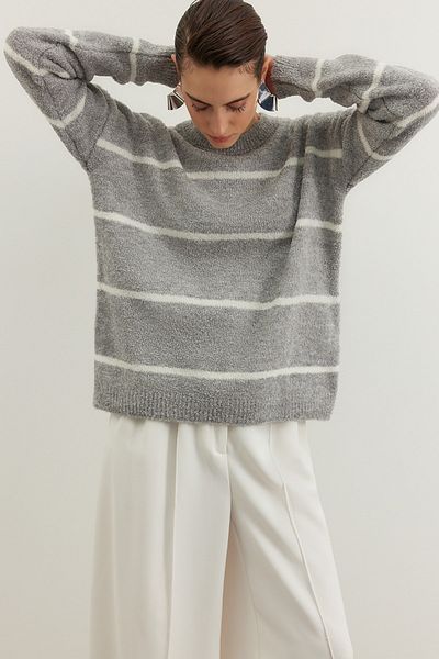 Trendyol Collection Gray Striped Wide Fit Textured Knitwear Sweater Twoaw23Kz01863