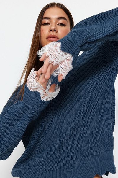 Trendyol Collection Petrol Lace-Tulle Knitwear Sweater TWOAW22KZ0207