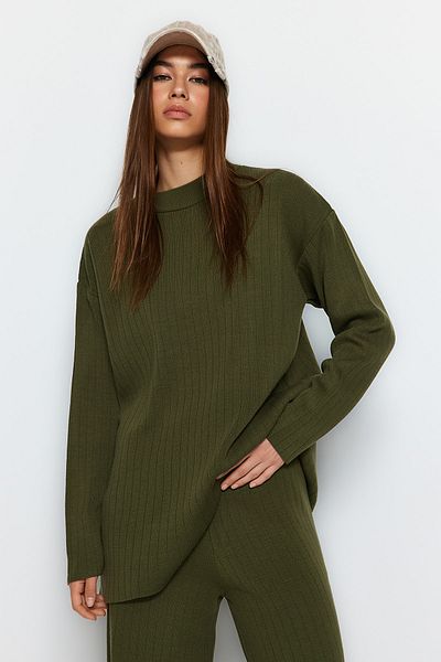Trendyol Collection Olajzöld alap kötöttáru öltöny - széles szabású TWOAW23AU00255