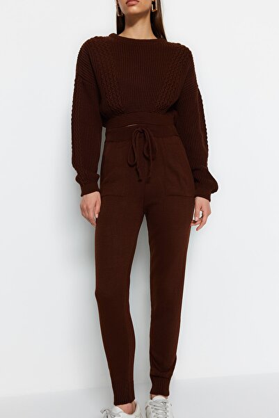 Trendyol Collection Barna Crop Crew Neck kötöttáru felső és alsó készlet TWOAW21AU0047