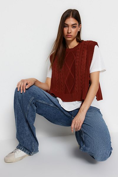 Trendyol Collection Strick-Crop-Pullover – Ziegelfarbe, mit Seitenband und Bindedetail TWOAW22SV0058