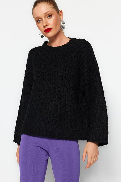 Trendyol Collection Black Wide Fit Soft Textured Knitwear Sweater TWOAW23KZ01373