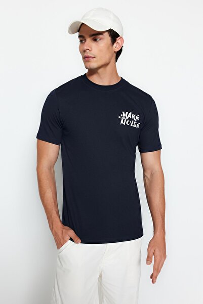 Trendyol Collection Sötétkék, vékony szabású nyomott póló - szűk nyakú, rövid ujjú TMNSS20TS0080