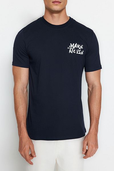 Trendyol Collection Námořnické modré Slim Fit tričko s potiskem – kulatý výstřih, krátký rukáv TMNSS20TS0080