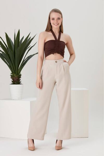 Thin Shop Yüksek Bel Pileli Palazzo Bej Pantolon