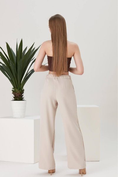 Thin Shop High Waist Pleated Palazzo Beige Trousers