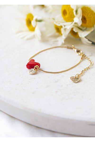 CHARMLUCKY Murano Kırmızı Kalp Bileklik Harfli
