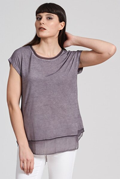 Seamoda Women's Hem Chiffon Oil Washed T-Shirt-Light Purple PRA-236849-326973