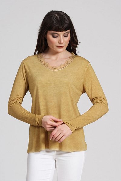 Seamoda Women's Lace Collar Oil Wash T-Shirt-Mustard PRA-236825-349428