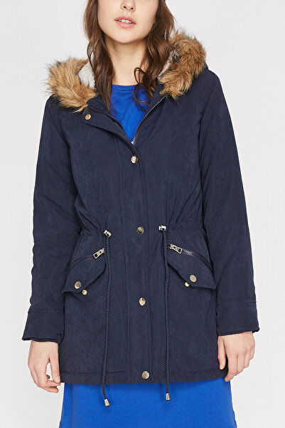 Koton Women's Blue Pocket Detailed Faux Fur Detailed Hooded Coat 9KAL07379JW