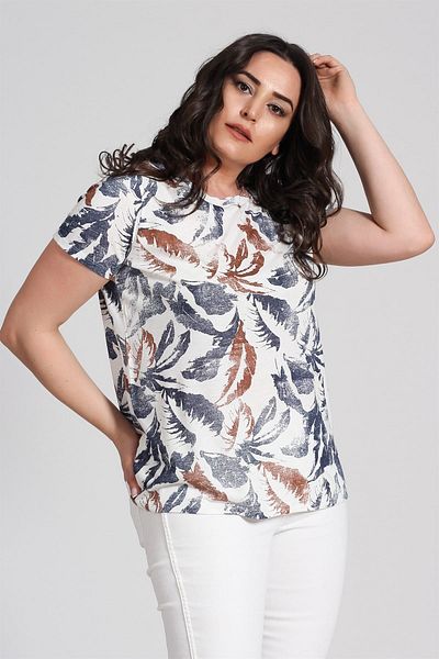 Seamoda Women's Colorful Leaf Pattern Basic T-Shirt-Ecru-Bb PRA-236783-002356