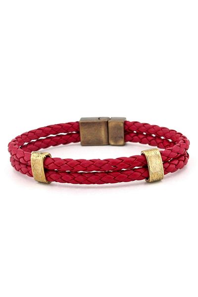 Solfera Men's Red Leather Double Row Antique Yellow Metal Bracelet Bt528