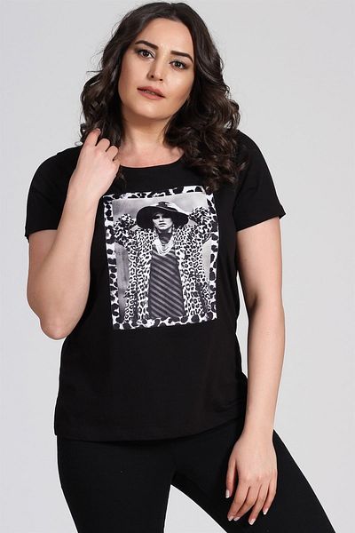 Seamoda Tricou de bază imprimat pentru femei-Negru-Bb PRA- 236789 - 442531
