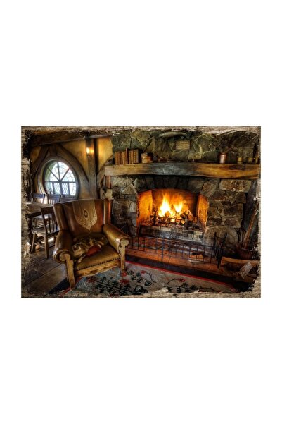 Cakatablo 25cmX35cm Ahşap Tablo Şömüne Kedi Taş Ev