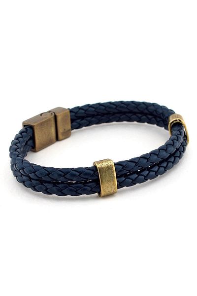 Solfera Men's Navy Blue Leather Double Row Bronze Metal Bracelet BT525