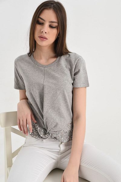 Hanna's by Hanna Darsa Women's Gray Knot and Bead Detailed Short Sleeve T-Shirt Hn1291