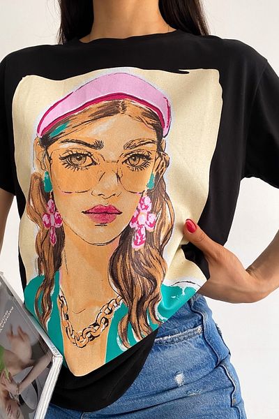 FEMELLE Tricou de damă negru din bumbac imprimat New Season
