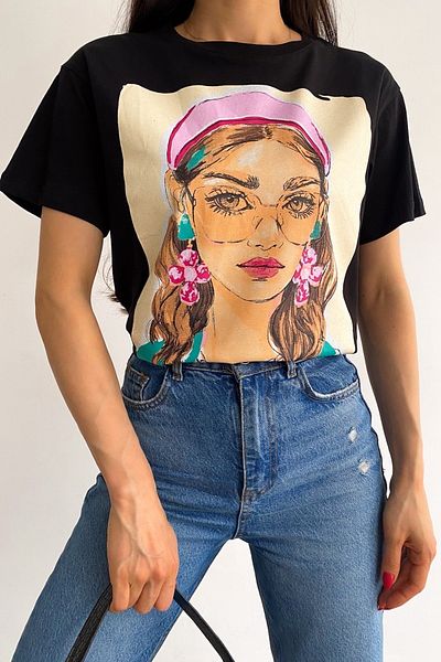 FEMELLE Tricou de damă negru din bumbac imprimat New Season