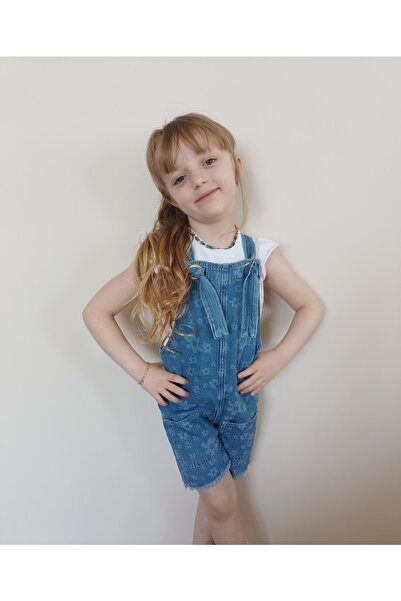 NAYİNOMS Kız Çocuk Bayramlık Çiçek Desenli Kot Denim Şortlu Salopet Elbise