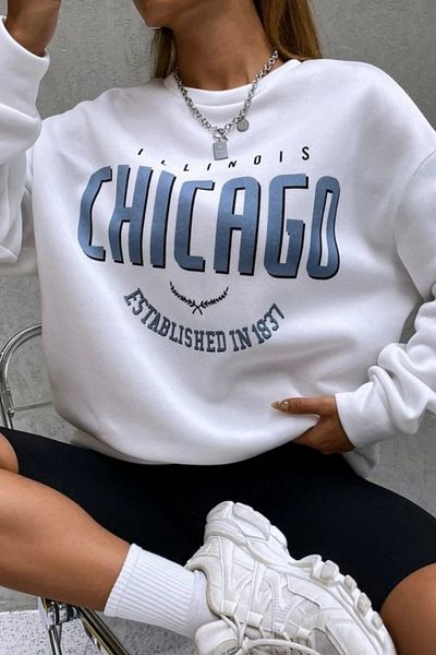 MODAGEN Unisex Crew λαιμόκοψη Chicago με στάμπα λευκό φούτερ