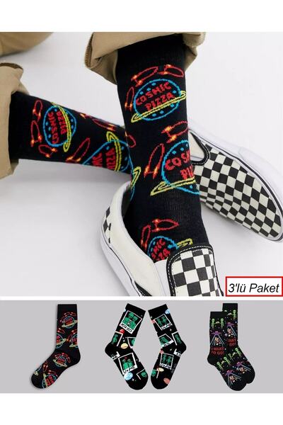 chetic Uzaylı Temalı 3'lü Siyah Soket Çorap