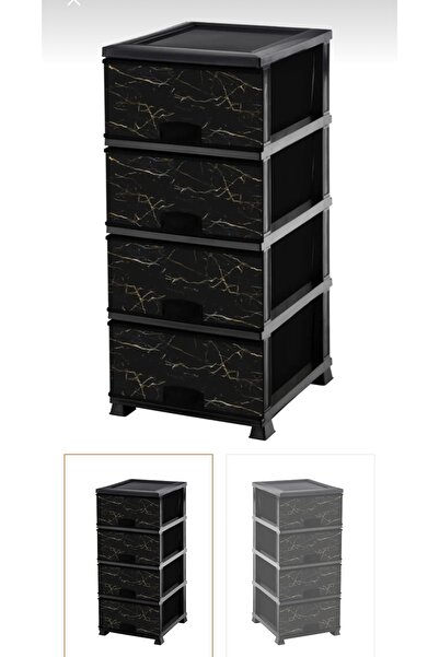 LeesHome Büyük Boy Elif Siyah Mermer 4 Plastik 4 Çekmeceli Komidin Sebzelik Ş...