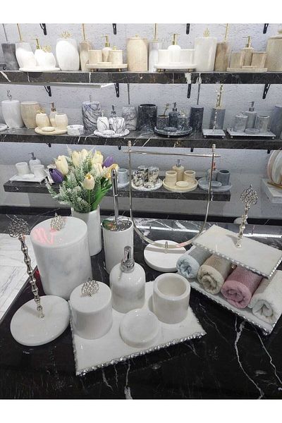 Sümeyra Marble Art فاخر أبيض فضي - طقم حمام من الرخام الأبيض الطبيعي | 11 قطعة | أصحاب المناشف الرخامية | مزهرية رخام |
