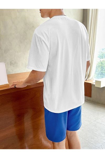 Machetta Plus Size White Blue Califrnia Printed Blue Shorts T-shirt Summer Suit