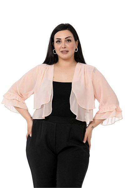 DISENTIS MODEST Plus Size Front Double Layer Sleeve And Back Ruffle Chiffon Powder Bolero