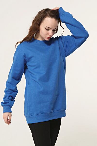 YÜKSEL IŞIK Sweatshirt Saks Mavisi Düz Bisiklet Yaka