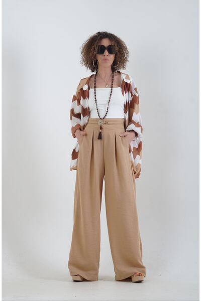 Zelish My Sister Camel Wide Leg Linen Blended Trousers