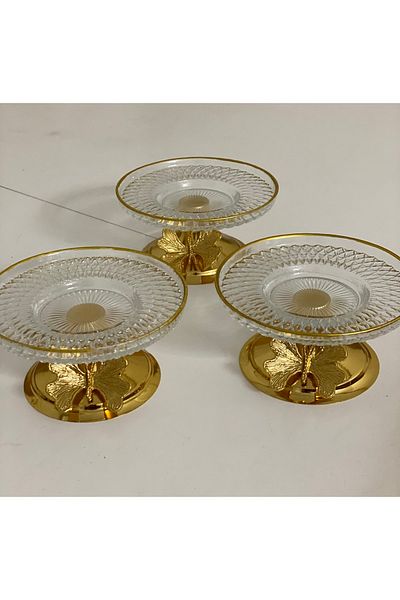 Elzem 3-Piece Lujo Ilramlik - Glass Presentation Holder, Gold Leg Luxury with Gilded Edge