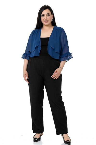 DISENTIS MODEST Plus Size Front Double Layer Sleeve And Back Ruffle Chiffon Navy Blue Bolero