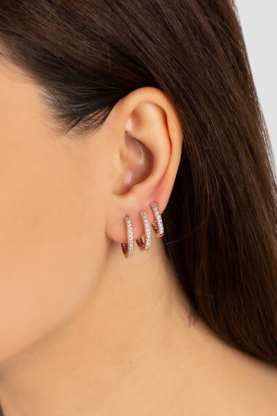 TEK TARZIM TAKI Tamtur Üç Boy Tekli Halka Gümüş Küpe Zirkon Sıra Taşlı Model