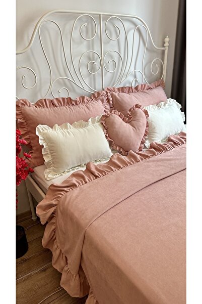 Decamor home Fırfırlı Pudra Pembe Yatak Örtüsü Seti Çift Kişilik