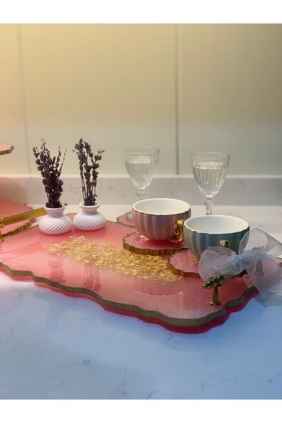CUKKA Epoxy Engagement-Presentation Tray, Coaster and Treat Stand Set (Rose Gold Leaf)