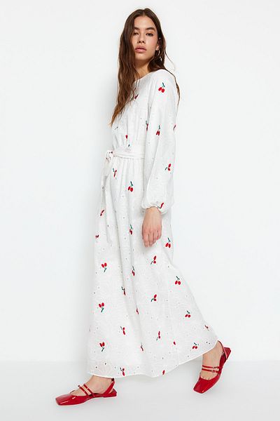 Trendyol Modest Ekrü öves hímzésű részletes bélésű 100% pamut hímző ruha TCTSS23EB00136