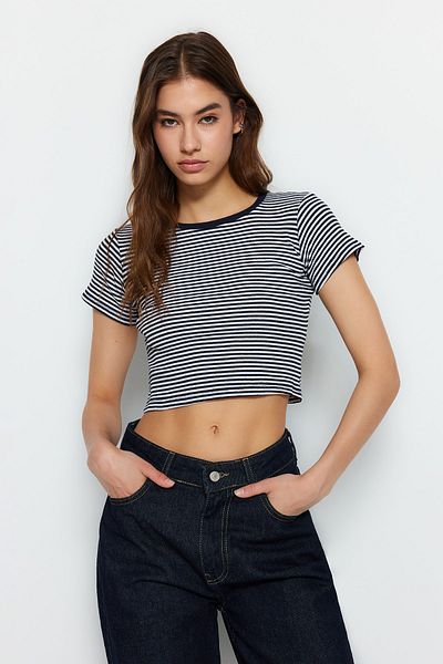 Trendyol Collection Μπλε ναυτικό ριγέ-κόκκινο μονόχρωμο 2 πακέτα πλεκτή μπλούζα με ραβδώσεις TWOSS23BZ00388