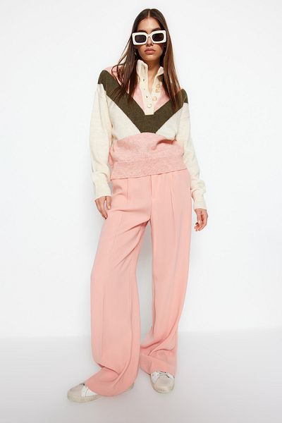Trendyol Collection Ecru Stand Collar Wide Fit Block Patterned Knitwear Sweater - Twoaw24Kz00092