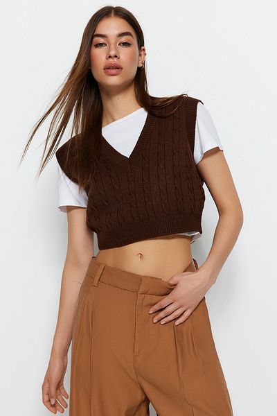 Trendyol Collection Кафяв плетен пуловер с V-образно деколте TWOAW22BZ0049