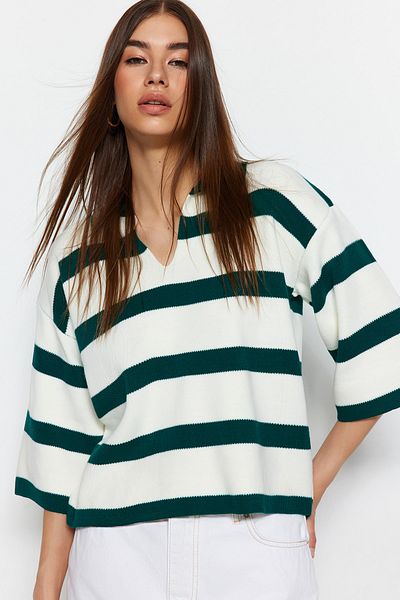 Trendyol Collection Dark Green Basic Striped Knitwear Sweater TWOAW23BZ00001