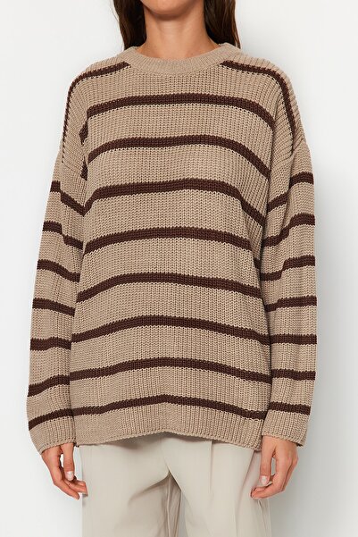 Trendyol Collection Pulover de tricotaj cu dungi late bej - TWOAW23KZ00720