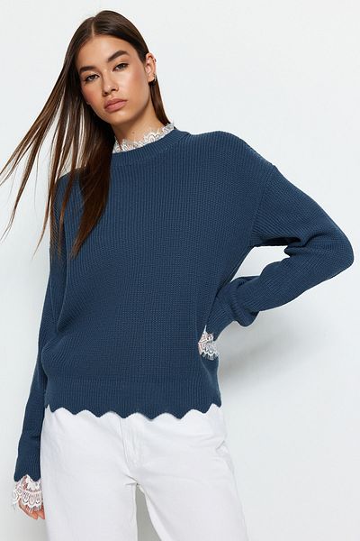 Trendyol Collection Petrol Lace-Tulle Knitwear Sweater TWOAW22KZ0207
