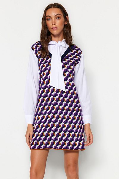 Trendyol Collection Μωβ Πλεκτά Μίνι Πουκάμισα Φόρεμα - Λεπτομέρεια Garni, TWOAW22SV0122